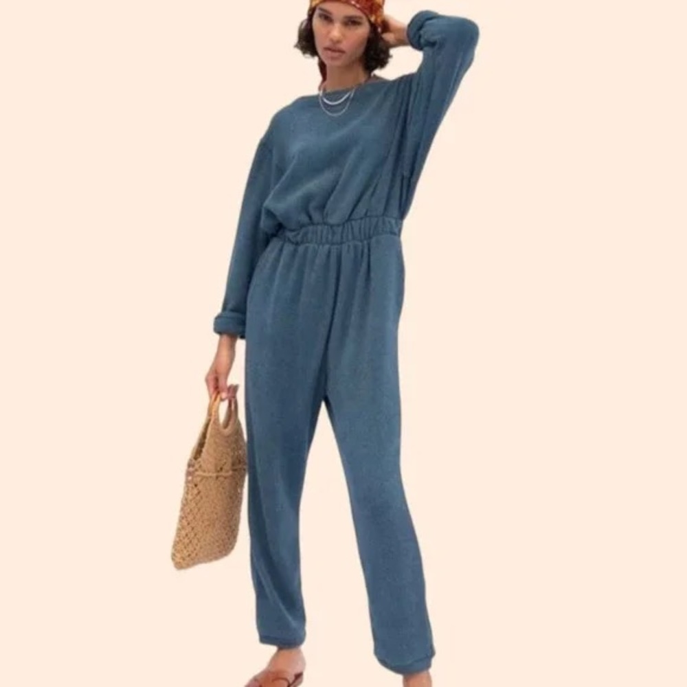 FREE PEOPLE BEACH Keep It Real Teal Fleecy Jumpsuit Womens Size Small - Picture 1 of 8